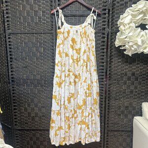 Mon Renn Mustard & White Floral Aline Tiered Flowy Dress Size Small